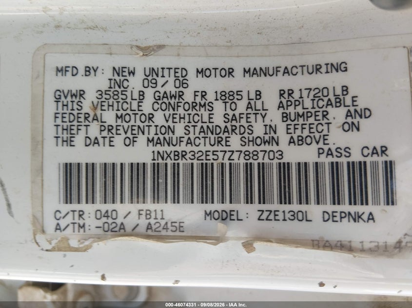 2007 TOYOTA COROLLA SEDAN 1.8L I-4 DOHC, VVT, REGULAR , 126HP