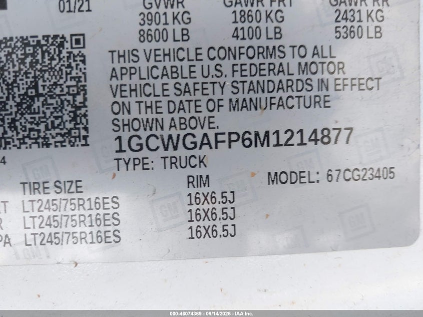 Vin: 1gcwgafp6m1214877, lot: 46573916, chevrolet express cargo rwd 2500 regular wheelbase wt 20214