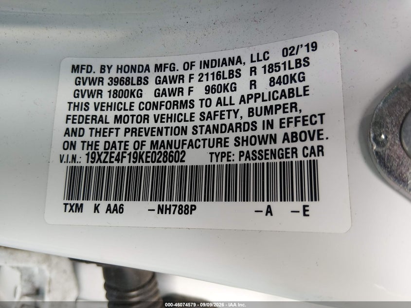 HONDA INSIGHT 2019 VIN 19XZE4F19KE028602