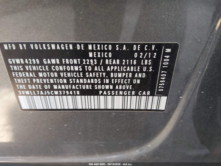 VOLKSWAGEN JETTA 2012 VIN 3VWLL7AJ5CM379418