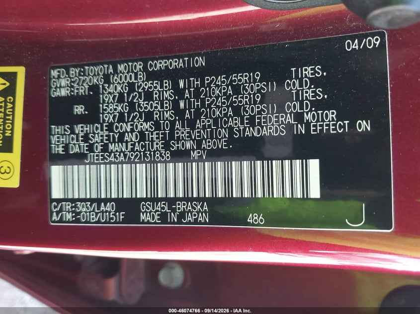 TOYOTA HIGHLANDER 2009 VIN JTEES43A792131838