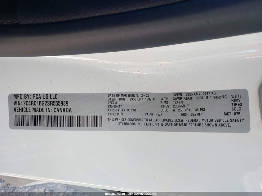 CHRYSLER PACIFICA 2025 VIN 2C4RC1BG2SR555989