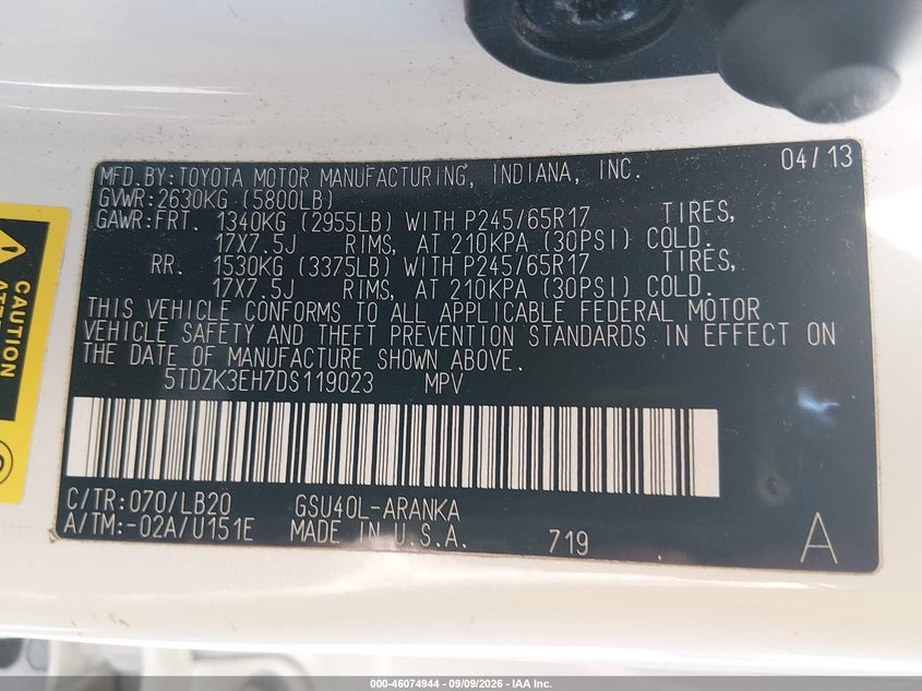 TOYOTA HIGHLANDER 2013 VIN 5TDZK3EH7DS119023