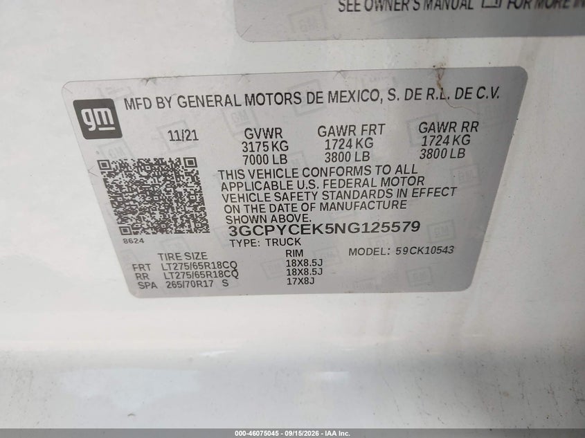CHEVROLET SILVERADO 1500 LTD 2022 VIN 3GCPYCEK5NG125579