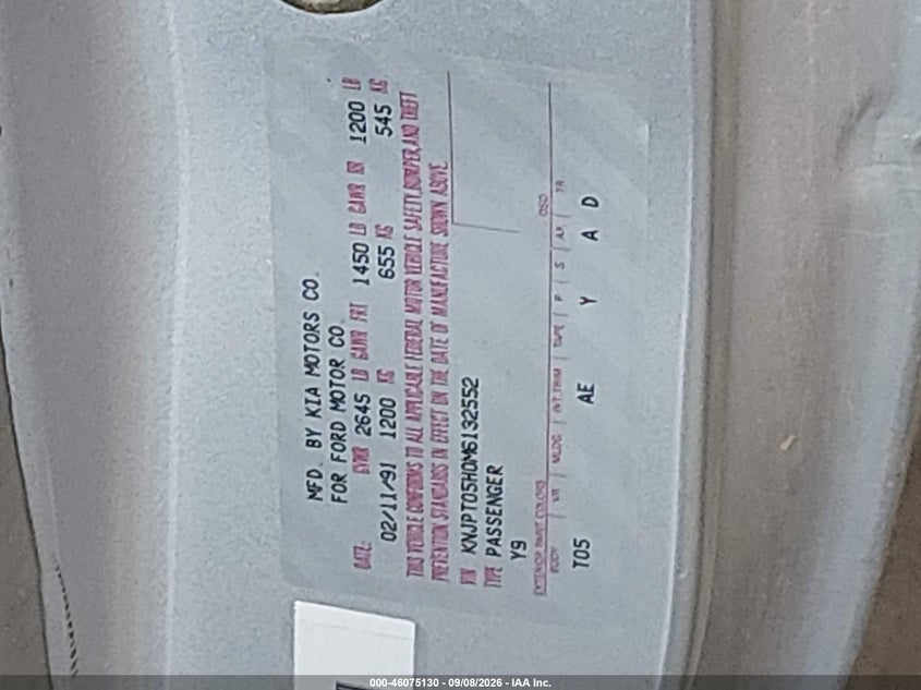 FORD FESTIVA 1991 VIN KNJPT05H0M6132552