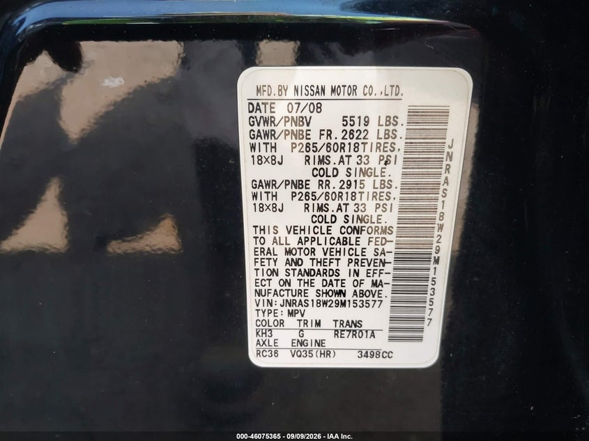 INFINITI FX35 2009 VIN JNRAS18W29M153577