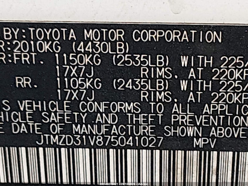 TOYOTA RAV4 2007 VIN JTMZD31V875041027