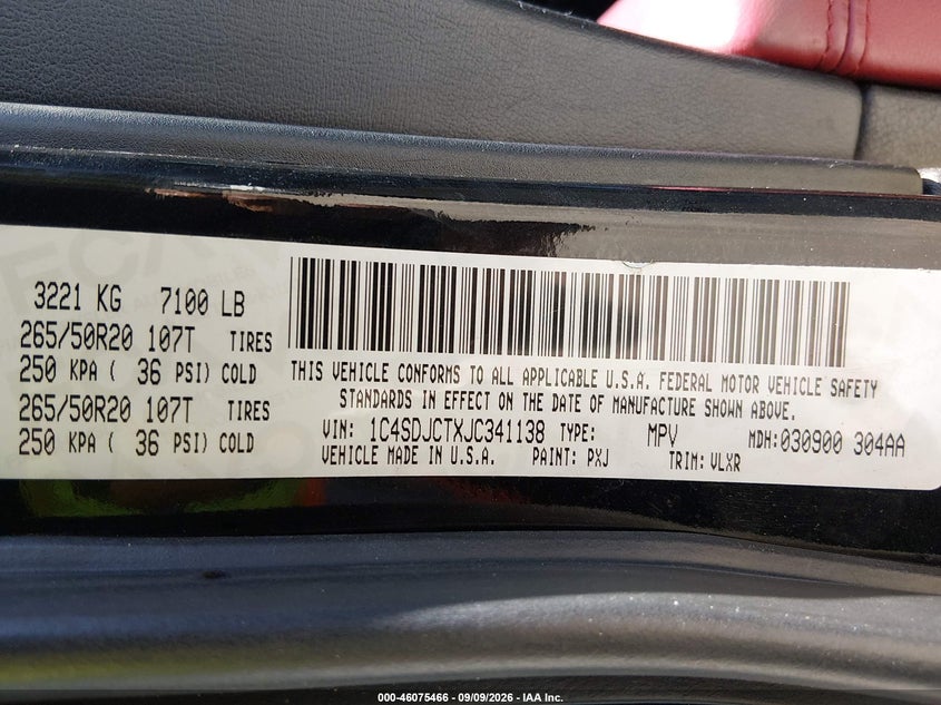 DODGE DURANGO 2018 VIN 1C4SDJCTXJC341138