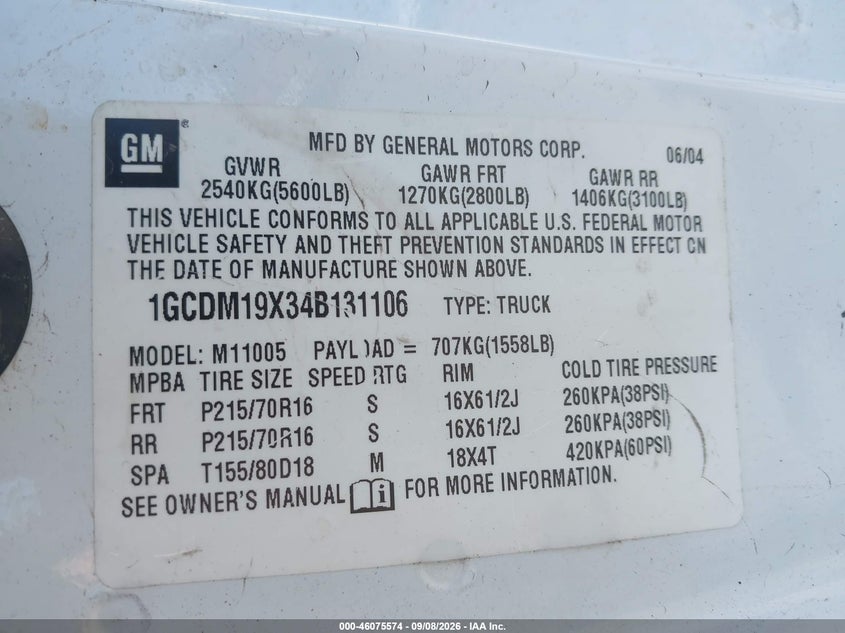 CHEVROLET ASTRO 2004 VIN 1GCDM19X34B131106