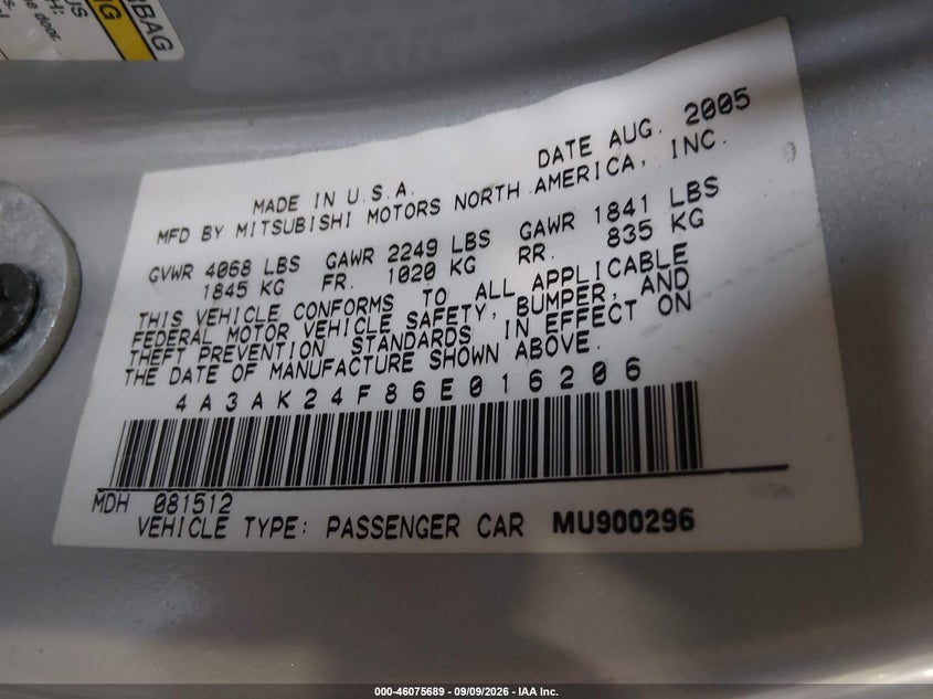 MITSUBISHI ECLIPSE 2006 VIN 4A3AK24F86E016206