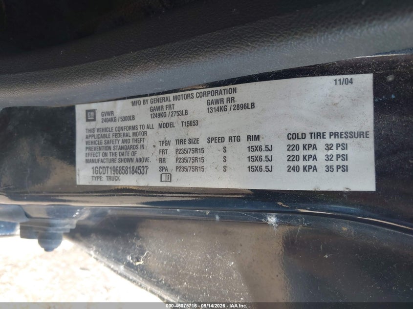 CHEVROLET COLORADO 2005 VIN 1GCDT196858184537