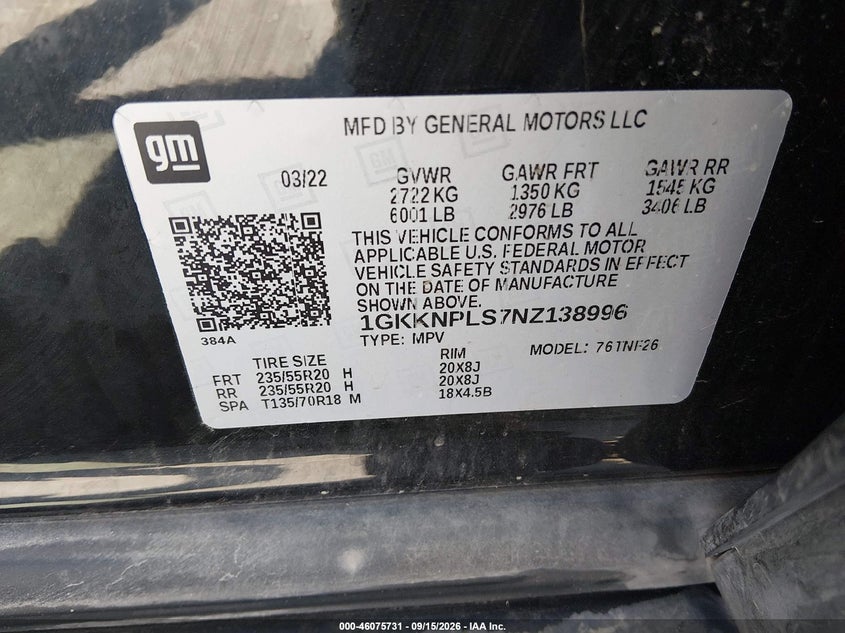 GMC ACADIA 2022 VIN 1GKKNPLS7NZ138996