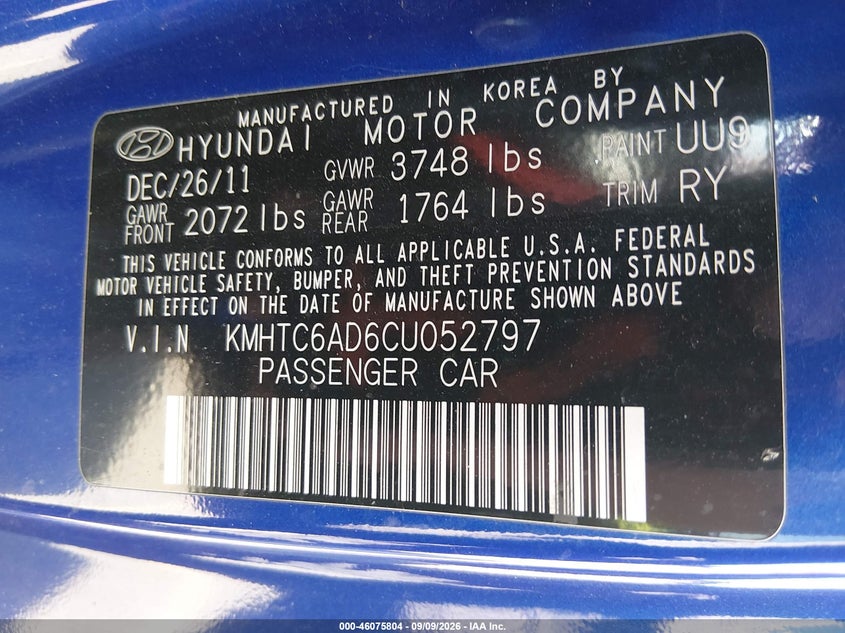 HYUNDAI VELOSTER 2012 VIN KMHTC6AD6CU052797