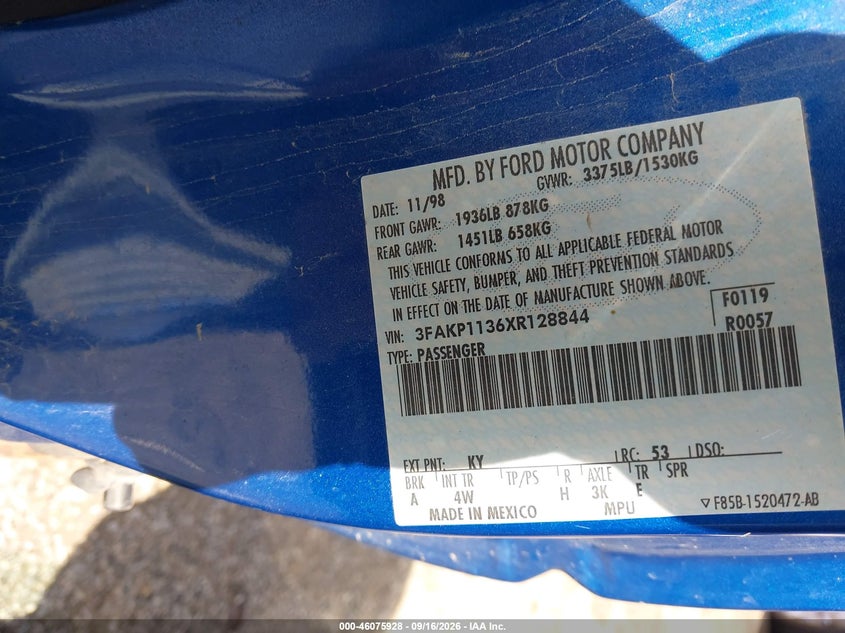 FORD ESCORT 1999 VIN 3FAKP1136XR128844