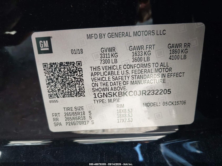 CHEVROLET TAHOE 2018 VIN 1GNSKBKC0JR232205