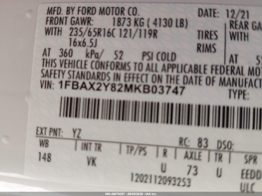 FORD TRANSIT-350 PASSENGER VAN 2021 VIN 1FBAX2Y82MKB03747