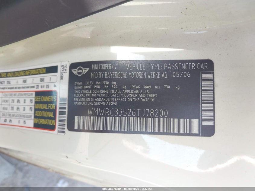 MINI COOPER 2006 VIN WMWRC33526TJ78200