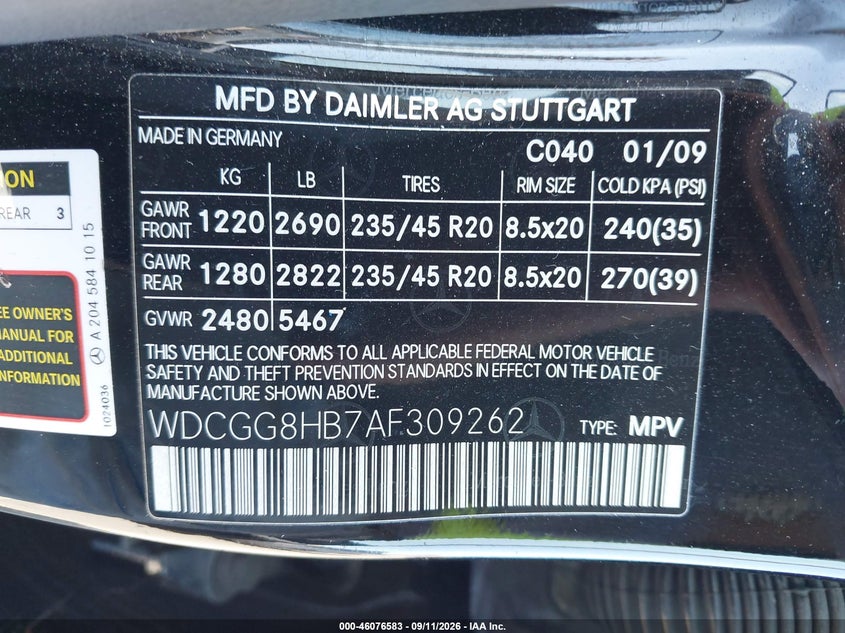 MERCEDES-BENZ GLK 350 2010 VIN WDCGG8HB7AF309262
