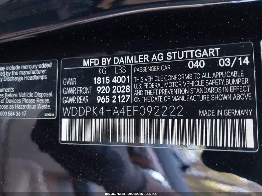MERCEDES-BENZ SLK 250 2014 VIN WDDPK4HA4EF092222