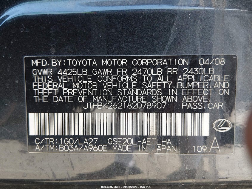 LEXUS IS 250 2008 VIN JTHBK262182078907