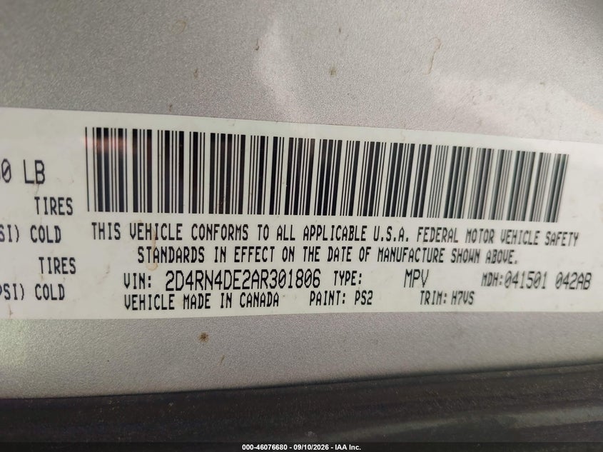 DODGE GRAND CARAVAN 2010 VIN 2D4RN4DE2AR301806