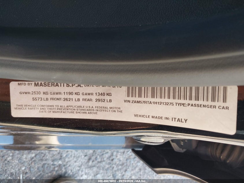 MASERATI GHIBLI 2017 VIN ZAM57RTA1H1213275