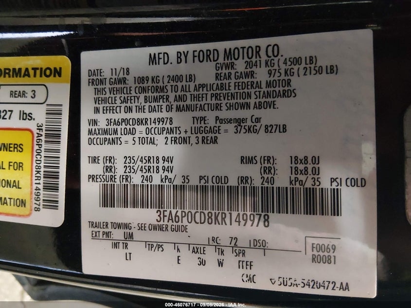 2019 FORD FUSION SEDAN 1.5L I-4 DI, DOHC, VVT, TURBO, REGULAR , 181HP