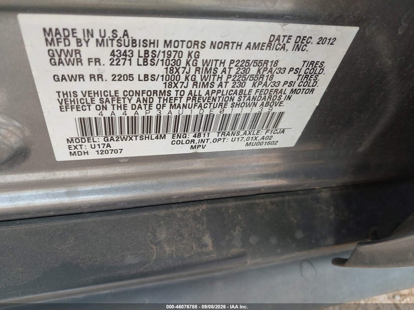 MITSUBISHI OUTLANDER SPORT 2013 VIN 4A4AP3AU1DE011139
