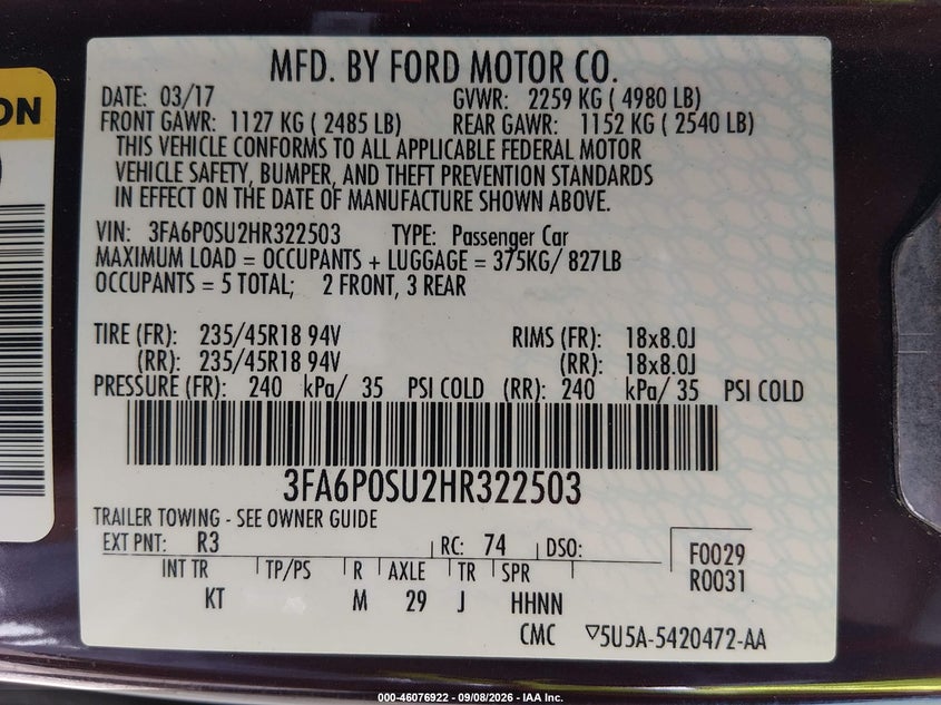 FORD FUSION ENERGI 2017 VIN 3FA6P0SU2HR322503