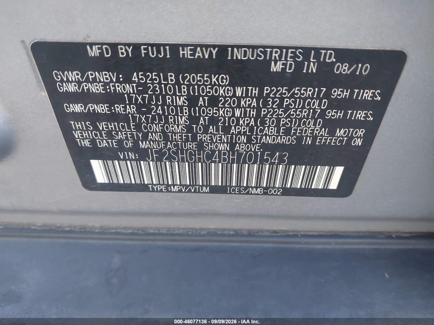 SUBARU FORESTER 2011 VIN JF2SHGHC4BH701543
