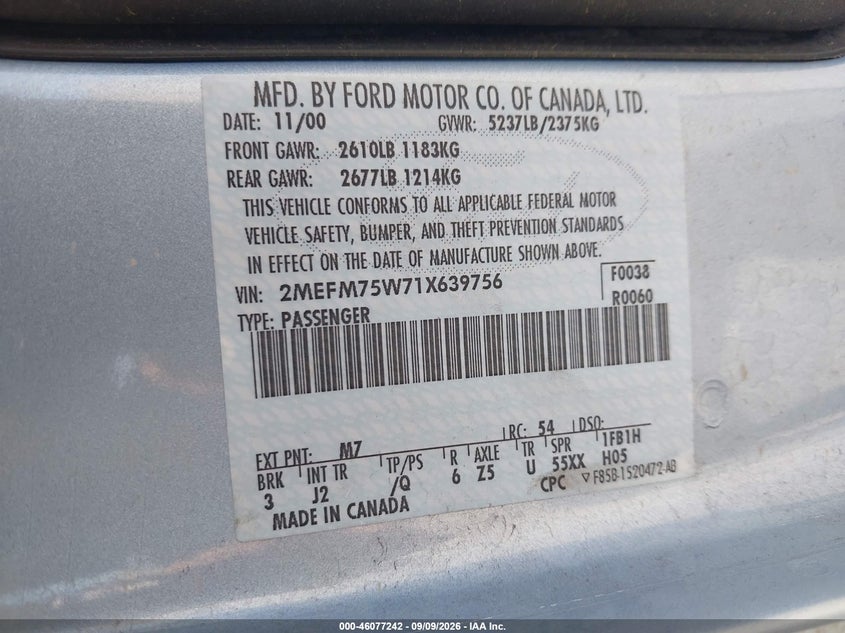 MERCURY GRAND MARQUIS 2001 VIN 2MEFM75W71X639756