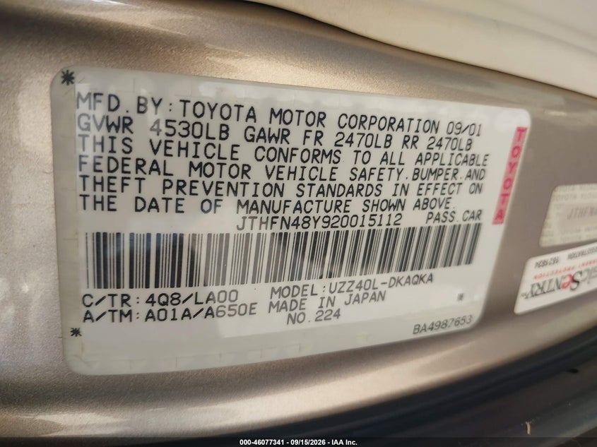 LEXUS SC 430 2002 VIN JTHFN48Y920015112
