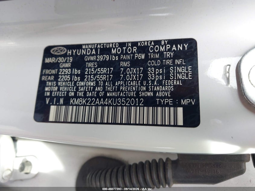 HYUNDAI KONA 2019 VIN KM8K22AA4KU352012