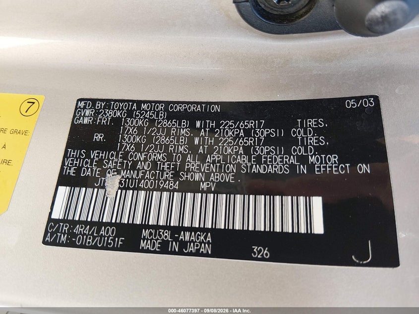 LEXUS RX 330 2004 VIN JTJHA31U140019484
