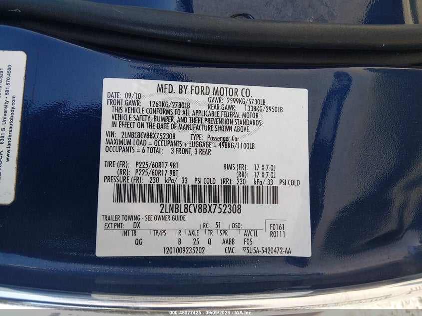 LINCOLN TOWN CAR 2011 VIN 2LNBL8CV8BX752308