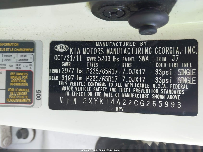 KIA SORENTO 2012 VIN 5XYKT4A22CG265993