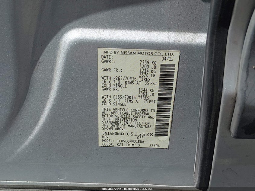 NISSAN XTERRA 2012 VIN 5N1AN0NUXCC515538