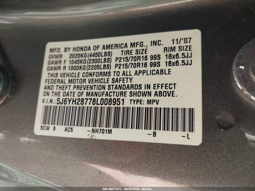 HONDA ELEMENT 2008 VIN 5J6YH28778L008951