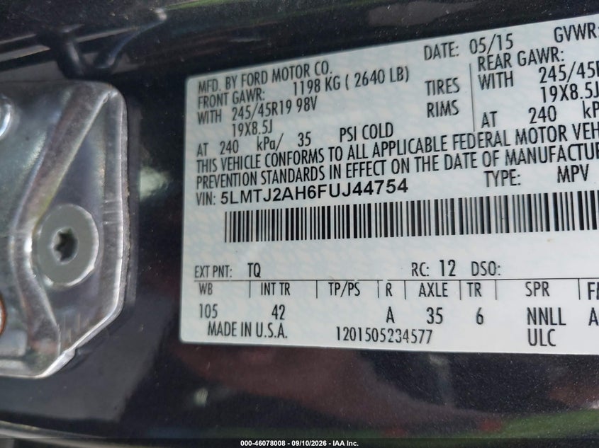 LINCOLN MKC 2015 VIN 5LMTJ2AH6FUJ44754
