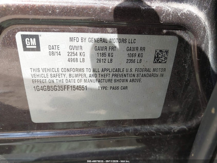 BUICK LACROSSE 2015 VIN 1G4GB5G35FF154551