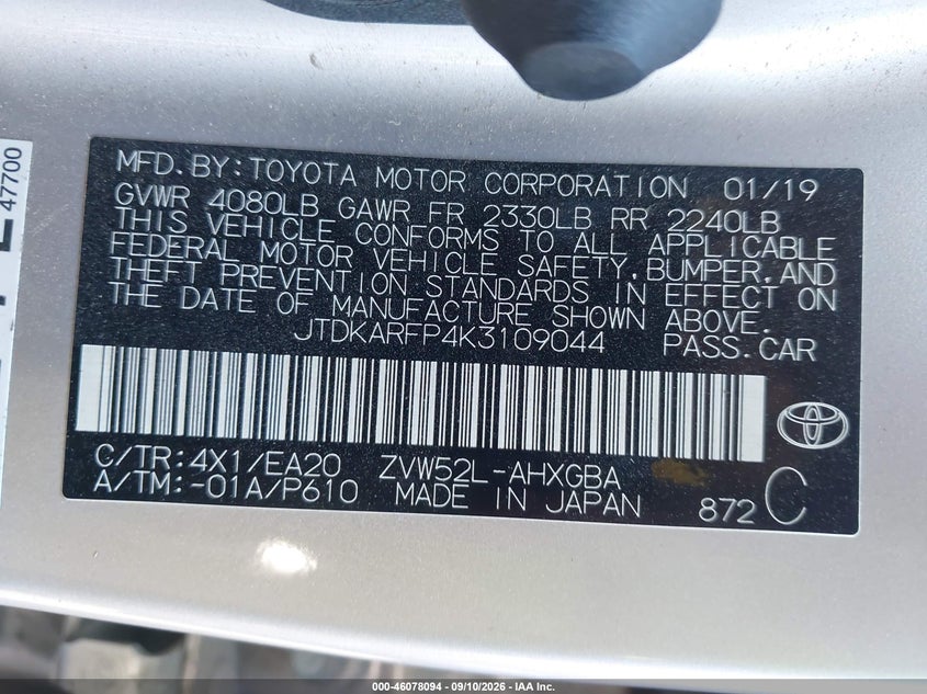 TOYOTA PRIUS PRIME 2019 VIN JTDKARFP4K3109044