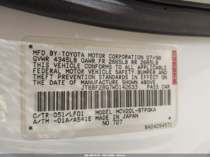 LEXUS ES 300 1998 VIN JT8BF28G7W0142633