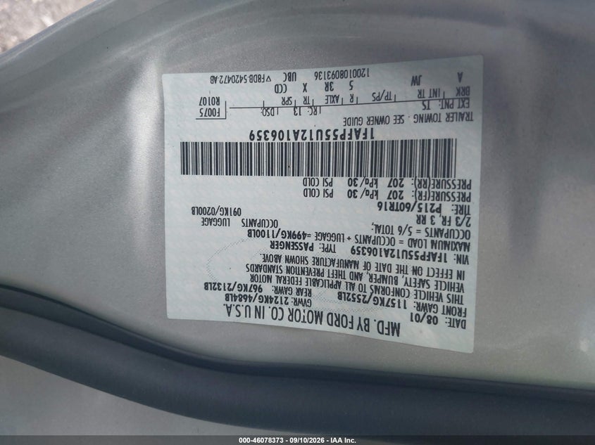 FORD TAURUS 2002 VIN 1FAFP55U12A106359
