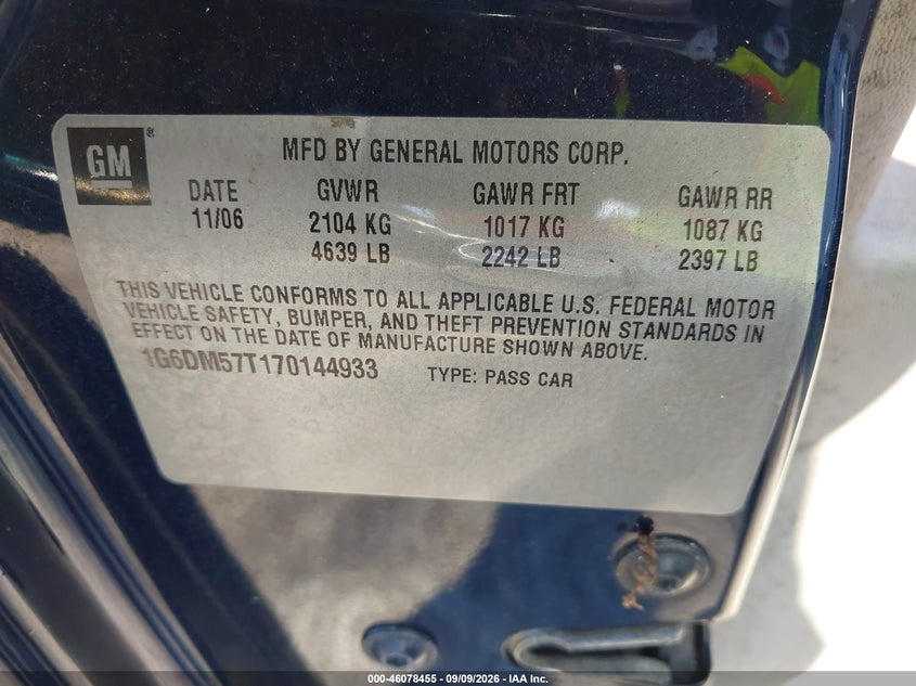 CADILLAC CTS 2007 VIN 1G6DM57T170144933