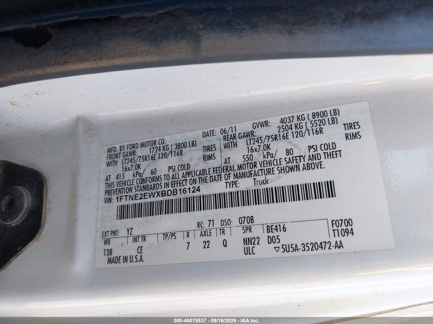 FORD E-250 2011 VIN 1FTNE2EWXBDB16124