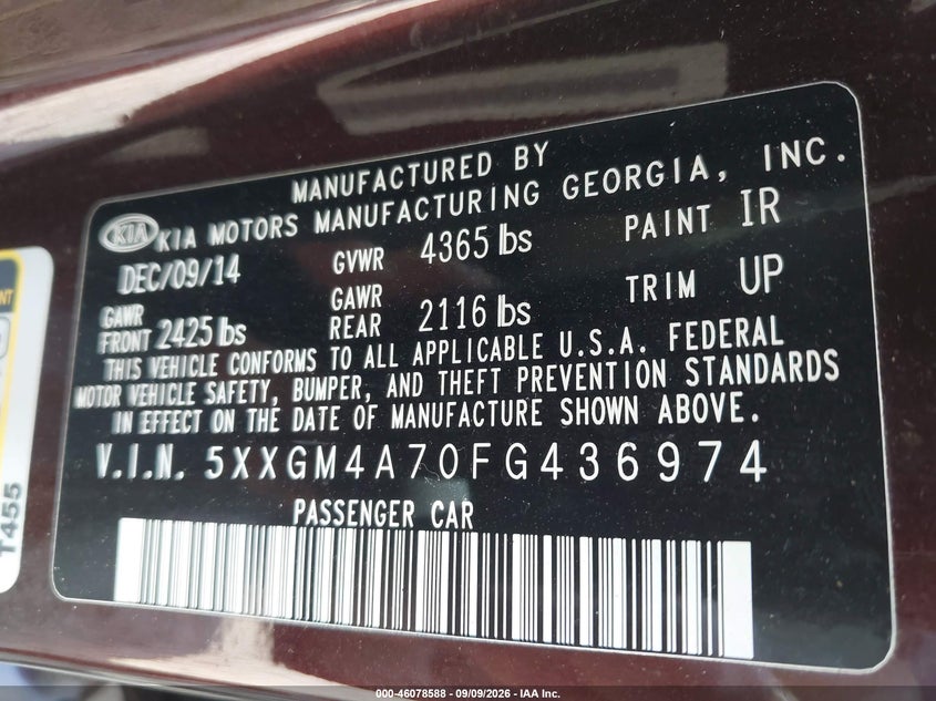 KIA OPTIMA 2015 VIN 5XXGM4A70FG436974