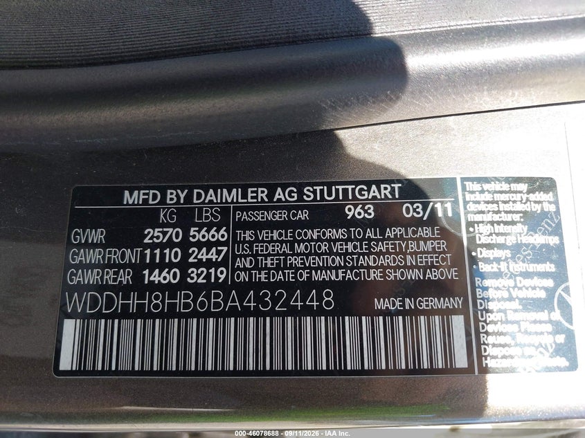 MERCEDES-BENZ E 350 2011 VIN WDDHH8HB6BA432448