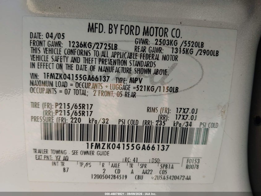 FORD FREESTYLE 2005 VIN 1FMZK04155GA66137