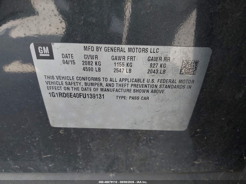 CHEVROLET VOLT 2015 VIN 1G1RD6E40FU139131