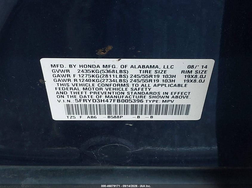 ACURA MDX 2015 VIN 5FRYD3H47FB005396